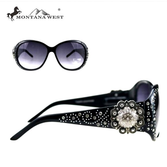 Montana West Sunglasses in Black w/Silver Swirl Flower Concho Accents